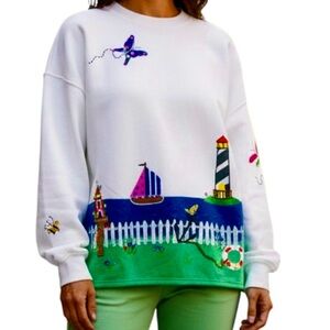 Vintage The Quacker Factory Sweatshirt Sailboat Marine Embroidery Sz L Made/USA